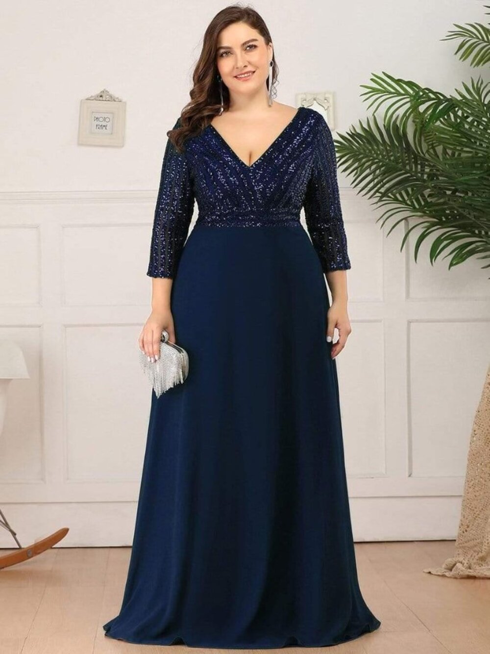 NEW Ever-Pretty Sexy V Neck A-Line Sequin Evening Dress Gown Size 4XL Navy Blue